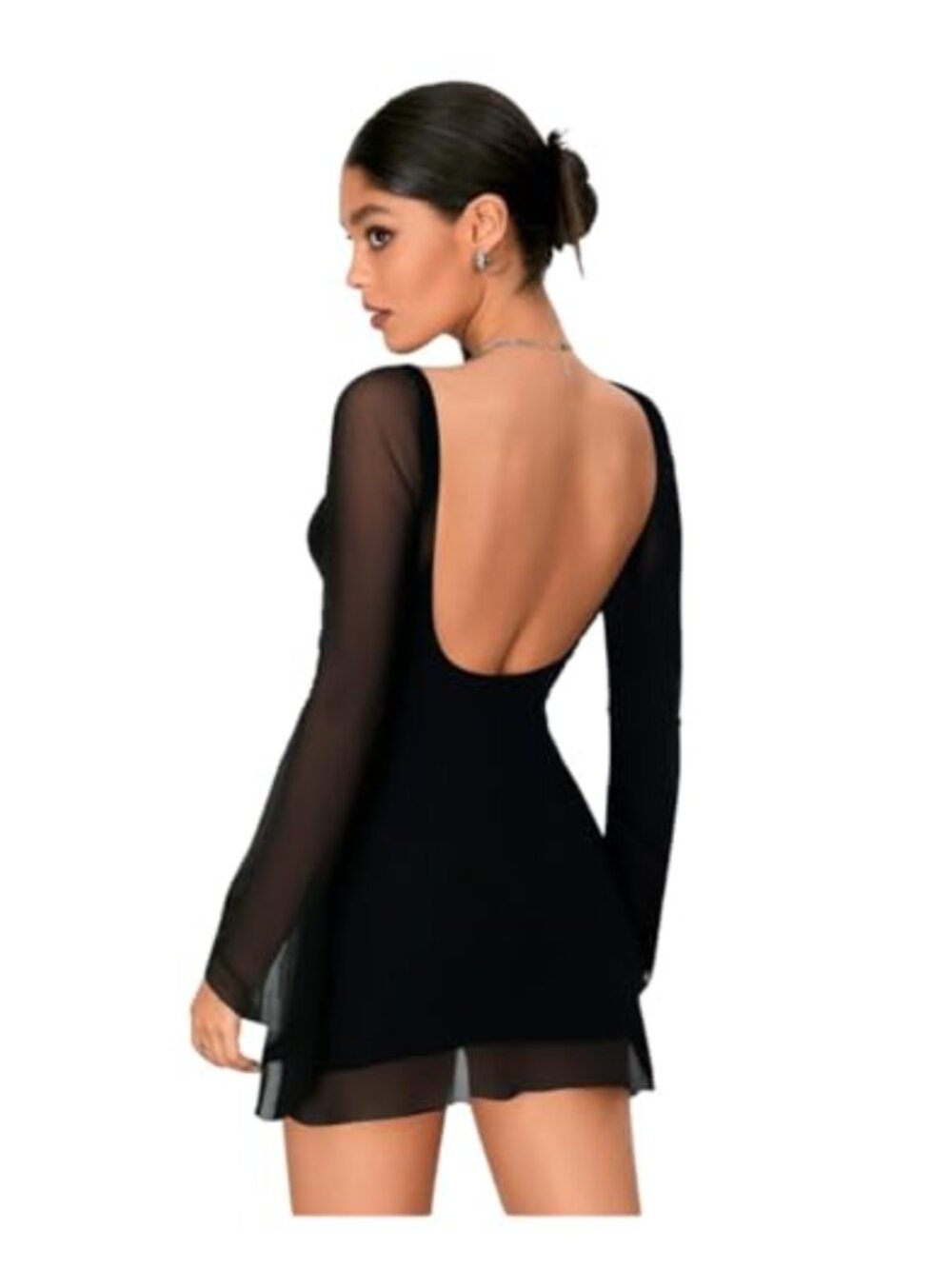Women's Leopard Print Mini Dress Mesh Bell Long Sleeve Backless Party